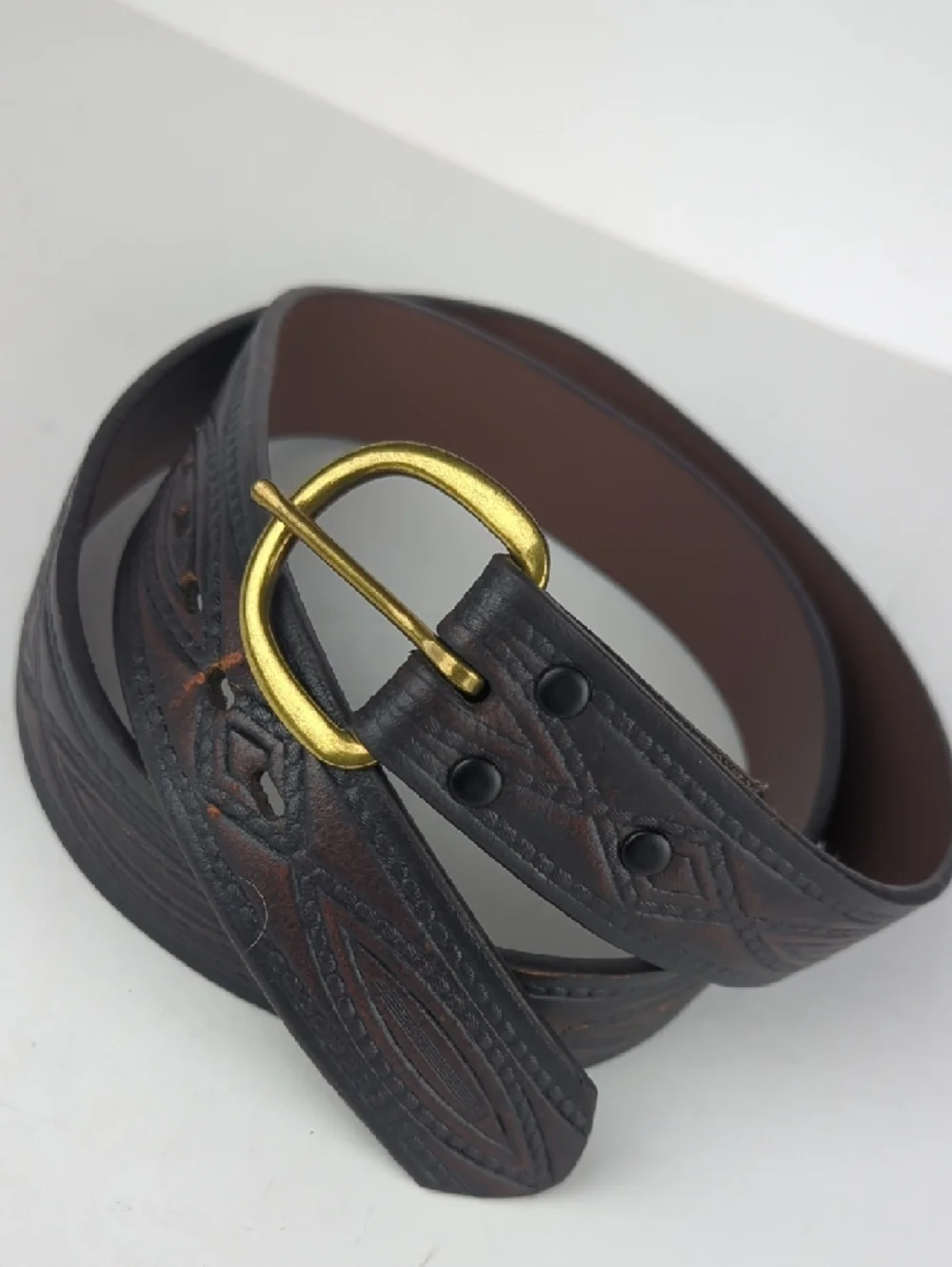 Classic Brown Embossed Leather Festival Belt with Brass Buckle